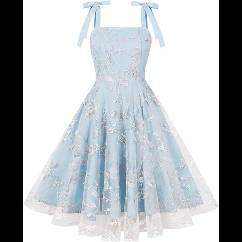 Blue Embroidered Tulle Dress for Women Tie Shoulder A-line Medium-Small